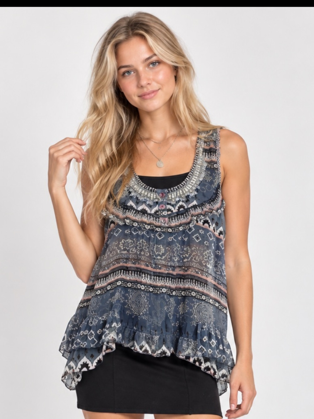Solitaire sheer sleeveless top, beaded neck, ruffles, gray/pink, size Med